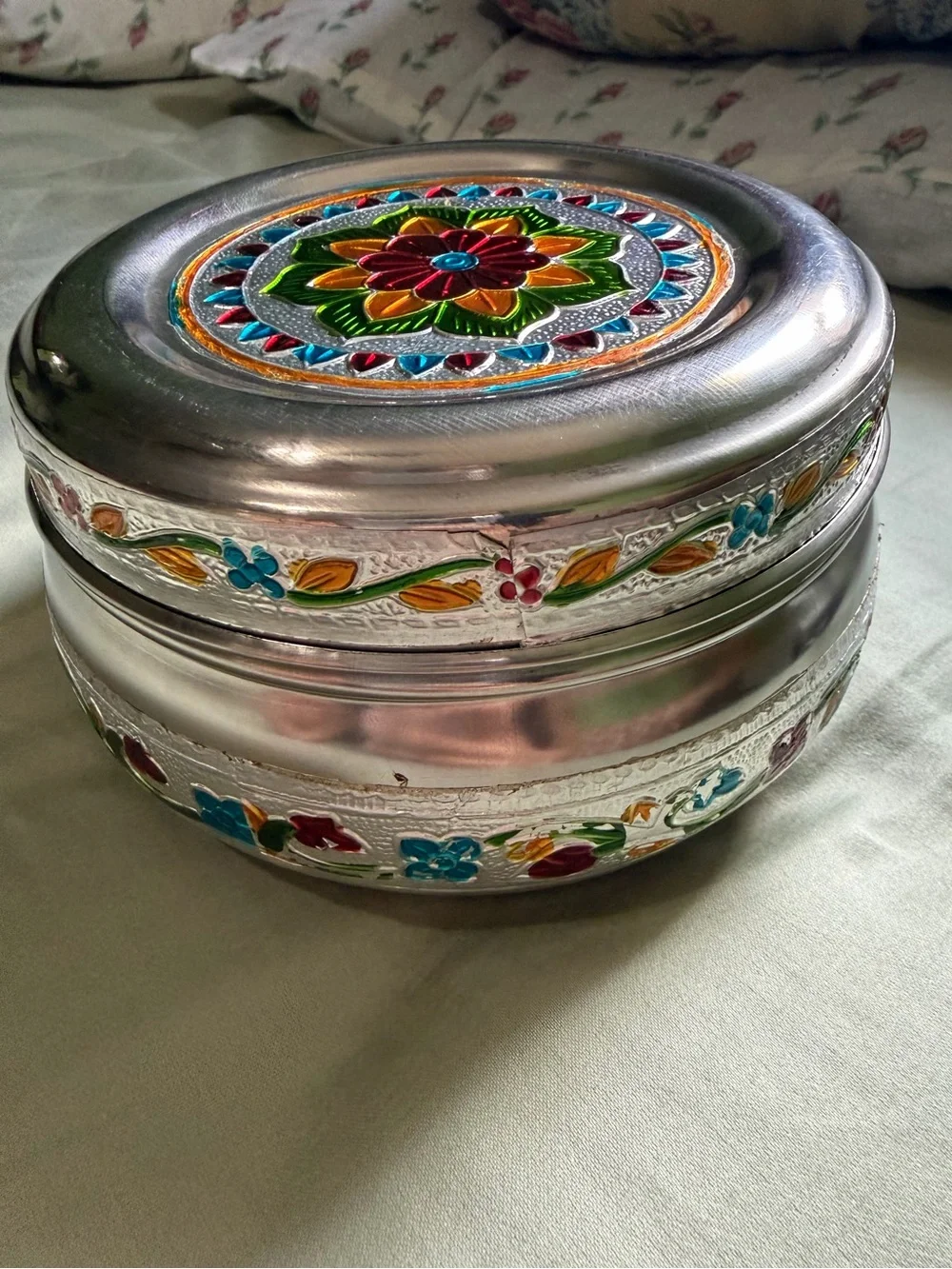 Painted Floral Mandala Stainless Steel Box/Jewelry Holder -Multicolor